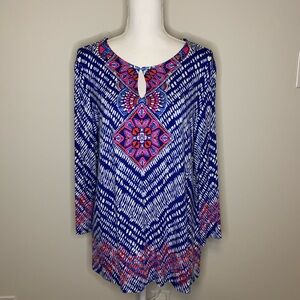 Ruby Rd Blue and Pink Graphic Tunic with 3/4 Sleeves